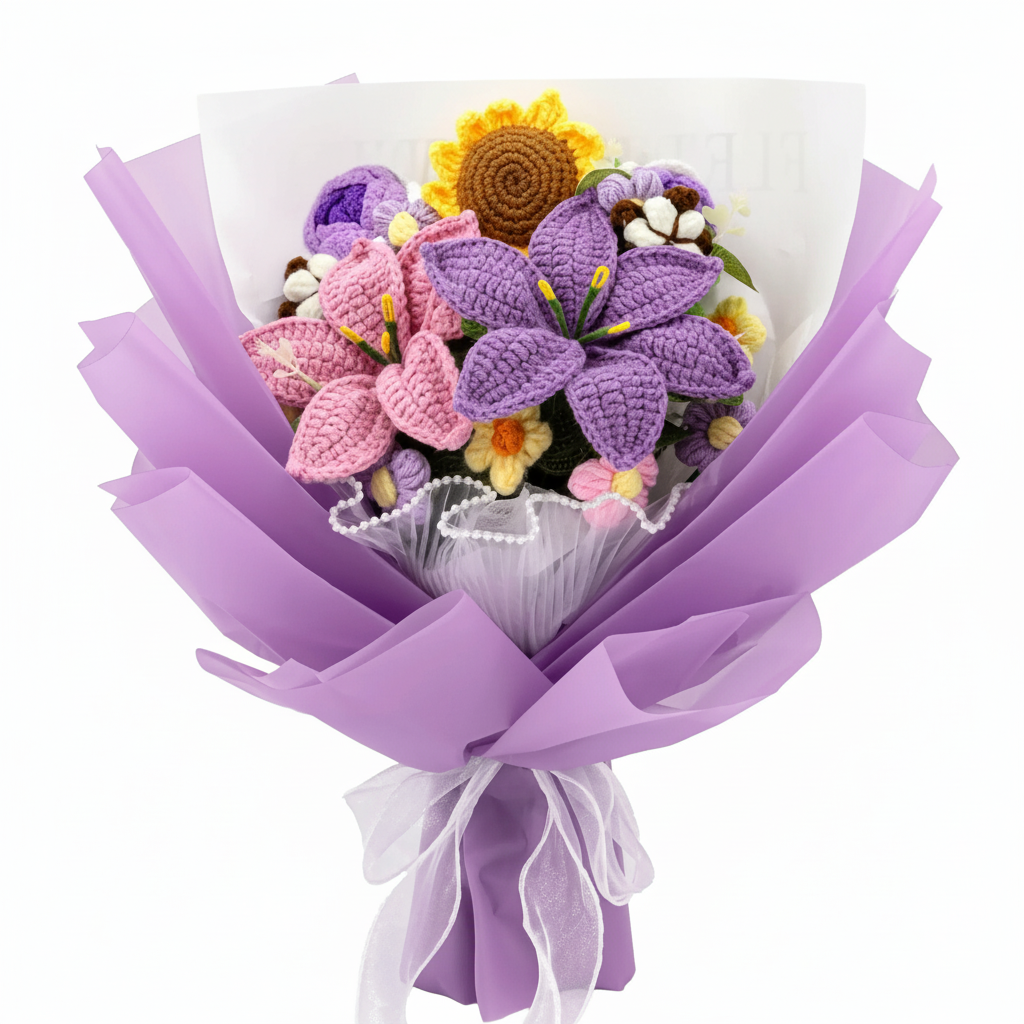 Handmade Crochet Flower Bouquet With 14 Piece Floral Decor Set