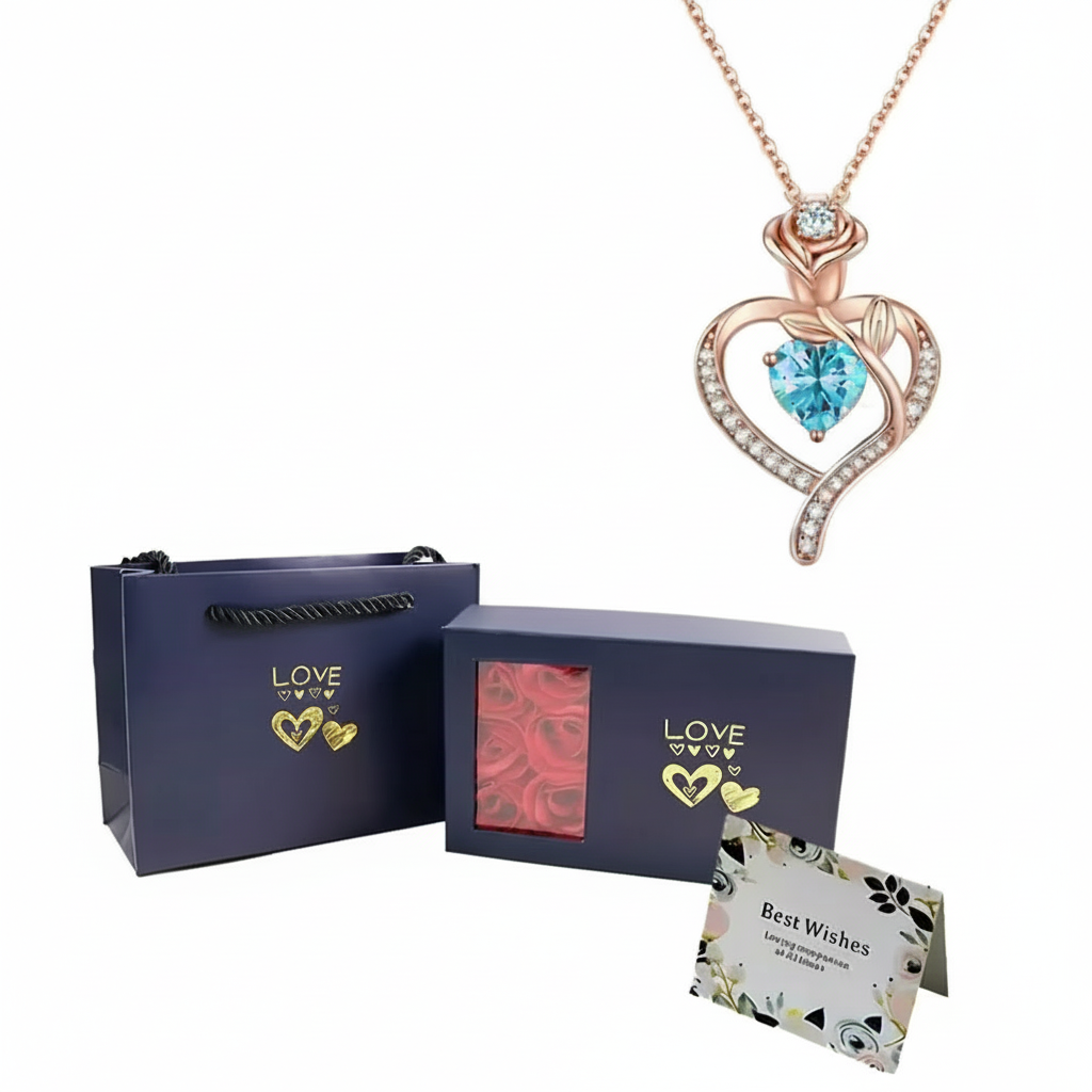 Birthstone Pendant Necklace With Rose Gift Box Jewelry Set For Women