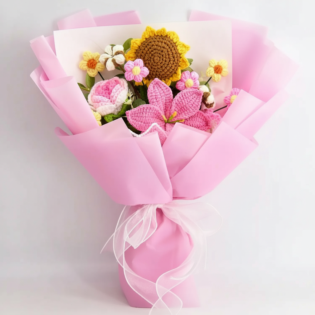 Handmade Crochet Flower Bouquet With 14 Piece Floral Decor Set