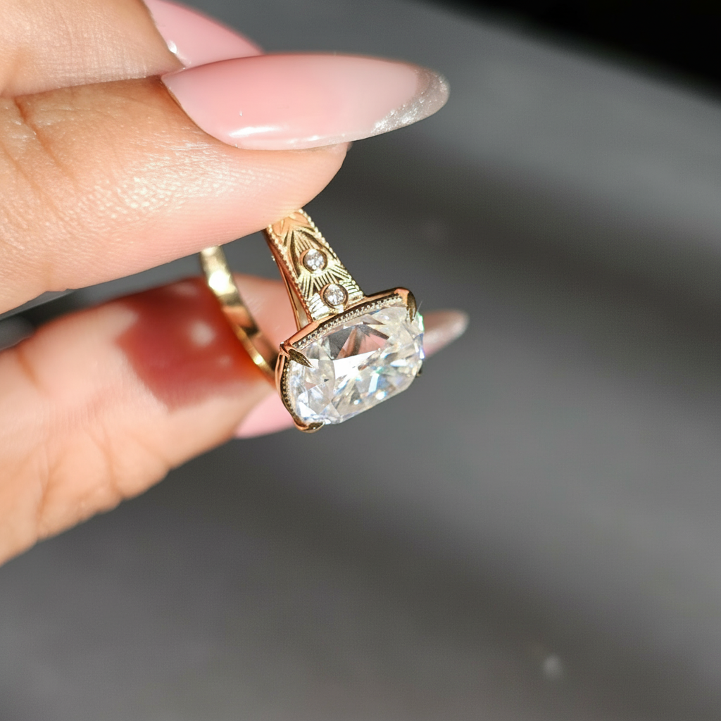 TS Inspired Cushion Cut Moissanite Engagement Ring Art Deco Style