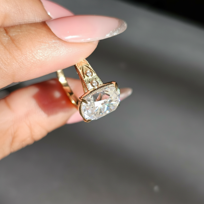 TS Inspired Cushion Cut Moissanite Engagement Ring Art Deco Style