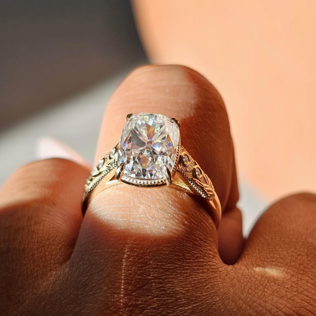 TS Inspired Cushion Cut Moissanite Engagement Ring Art Deco Style