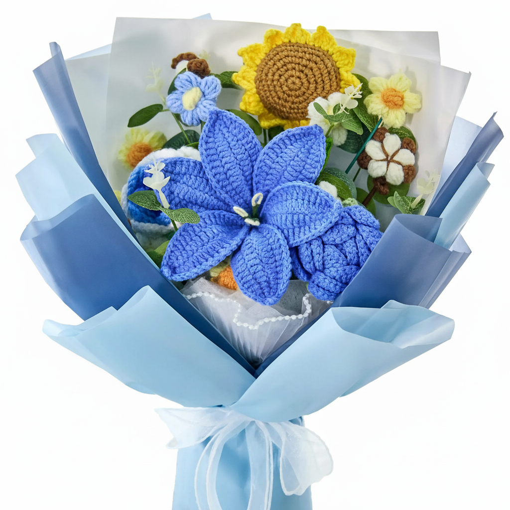 Handmade Crochet Flower Bouquet With 14 Piece Floral Decor Set