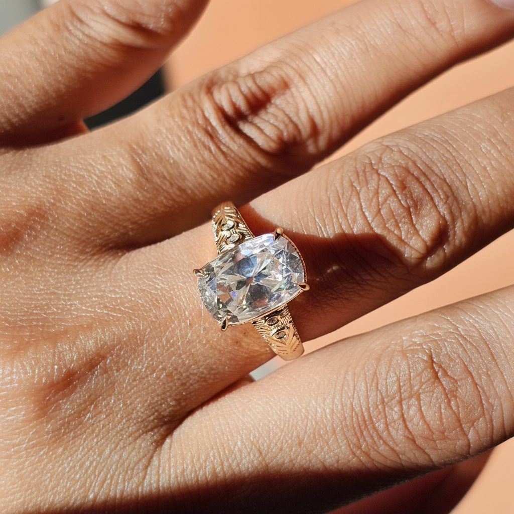 TS Inspired Cushion Cut Moissanite Engagement Ring Art Deco Style