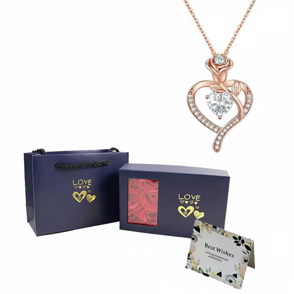 Birthstone Pendant Necklace With Rose Gift Box Jewelry Set For Women