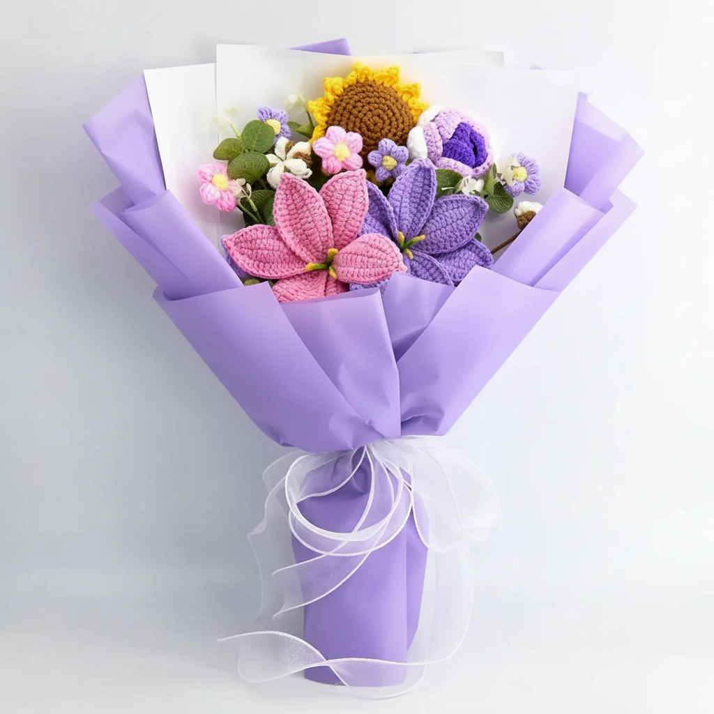 Handmade Crochet Flower Bouquet With 14 Piece Floral Decor Set