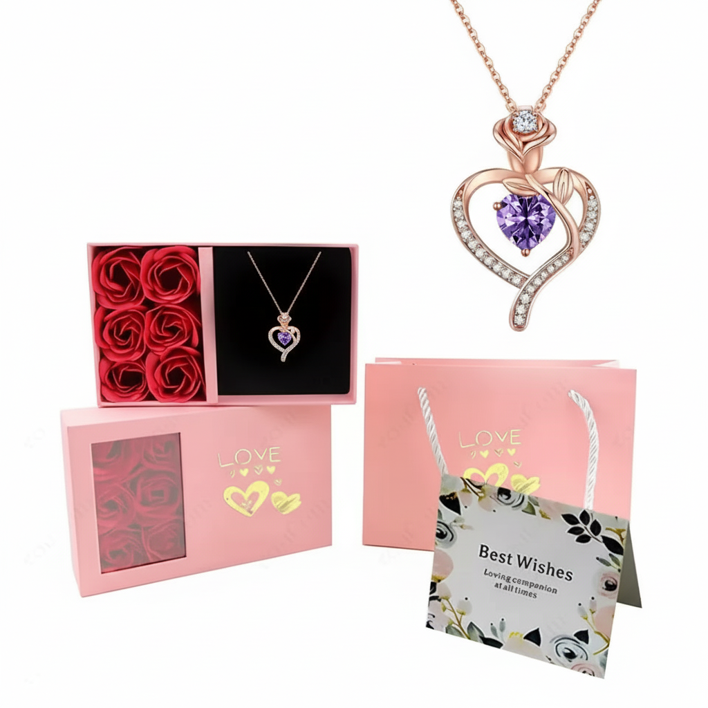 Birthstone Pendant Necklace With Rose Gift Box Jewelry Set For Women