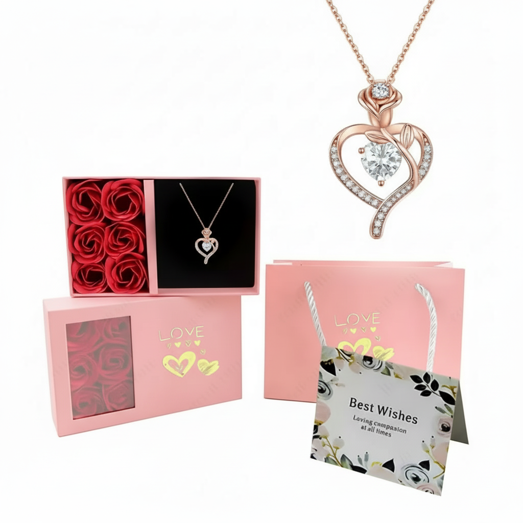 Birthstone Pendant Necklace With Rose Gift Box Jewelry Set For Women