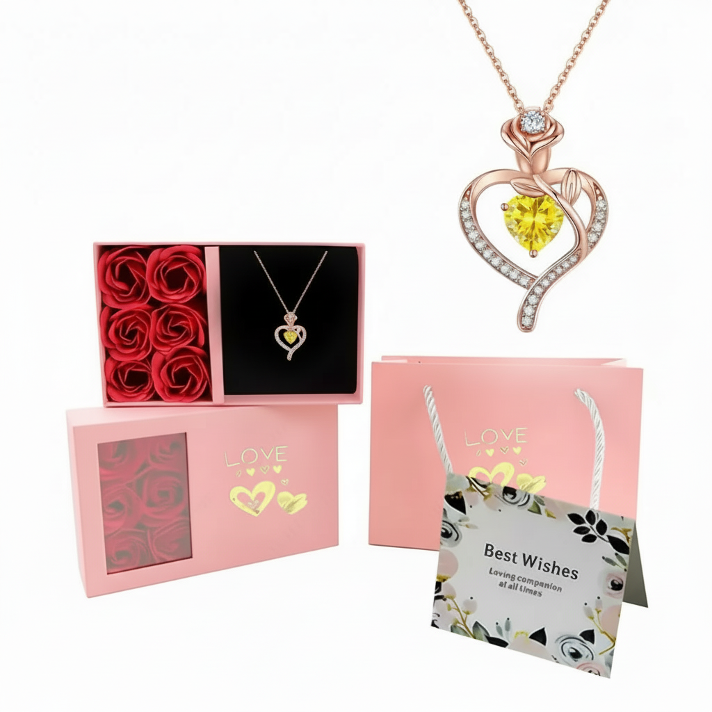 Birthstone Pendant Necklace With Rose Gift Box Jewelry Set For Women