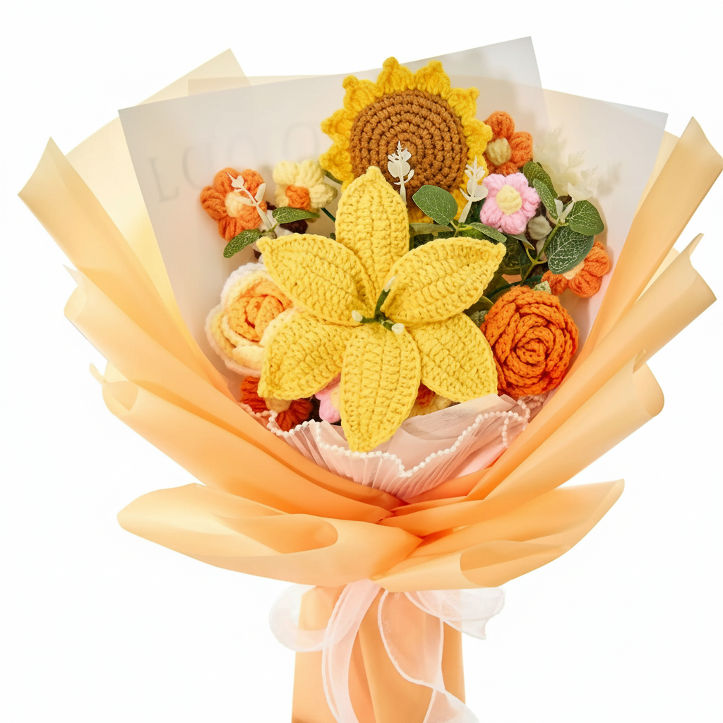 Handmade Crochet Flower Bouquet With 14 Piece Floral Decor Set