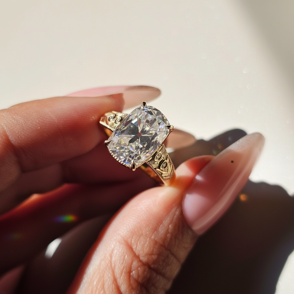 TS Inspired Cushion Cut Moissanite Engagement Ring Art Deco Style