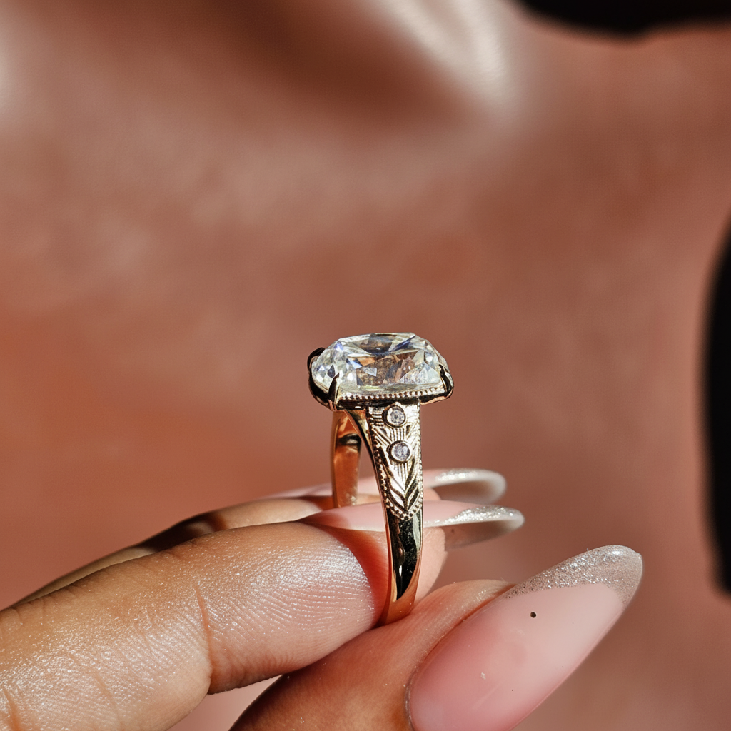 TS Inspired Cushion Cut Moissanite Engagement Ring Art Deco Style