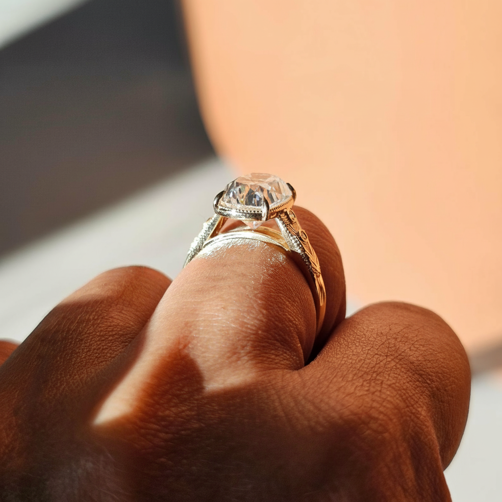 TS Inspired Cushion Cut Moissanite Engagement Ring Art Deco Style