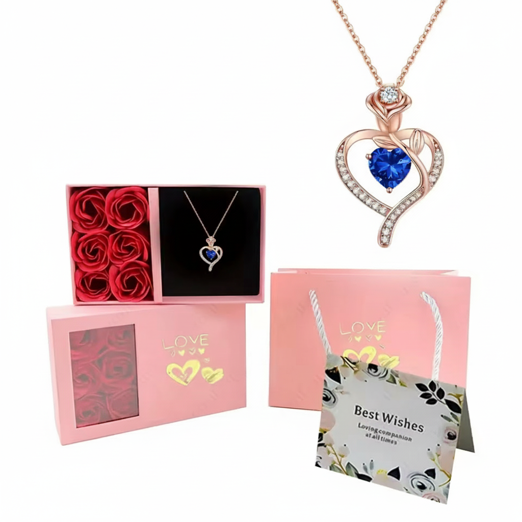 Birthstone Pendant Necklace With Rose Gift Box Jewelry Set For Women