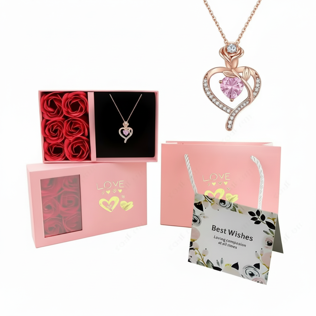 Birthstone Pendant Necklace With Rose Gift Box Jewelry Set For Women