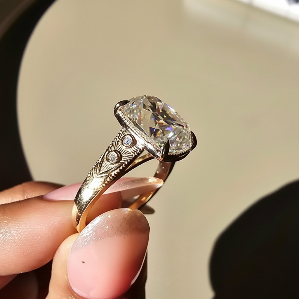 TS Inspired Cushion Cut Moissanite Engagement Ring Art Deco Style