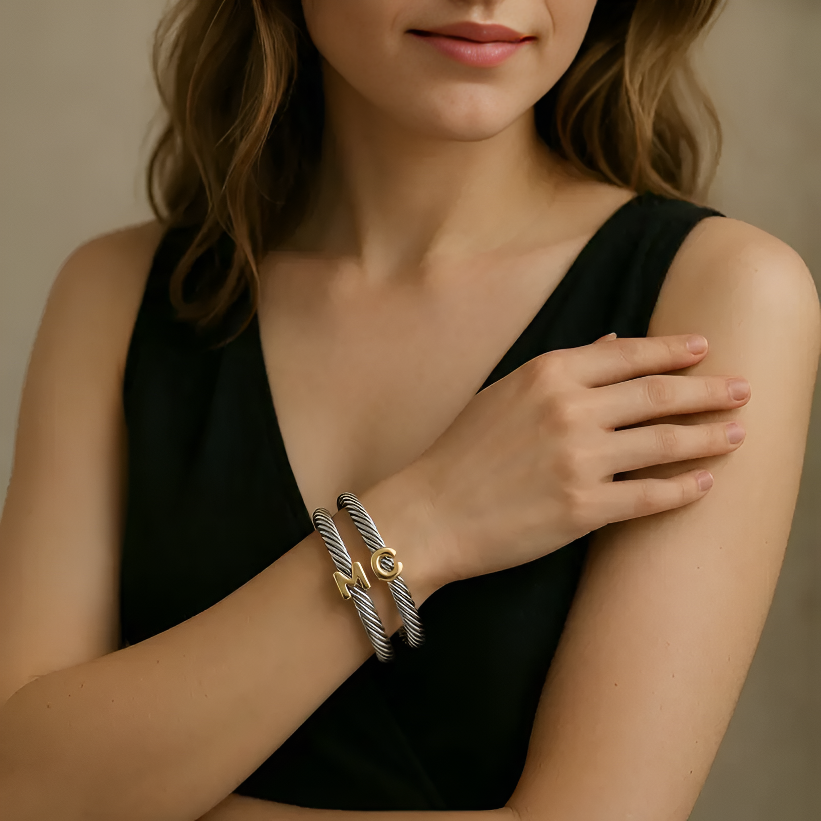 Initial Personalized Customization DIY A-Z Letter Cable Cuff Jewelry Personalized Christmas Gift for Women, Two-Tone Open Bangle Bracelet