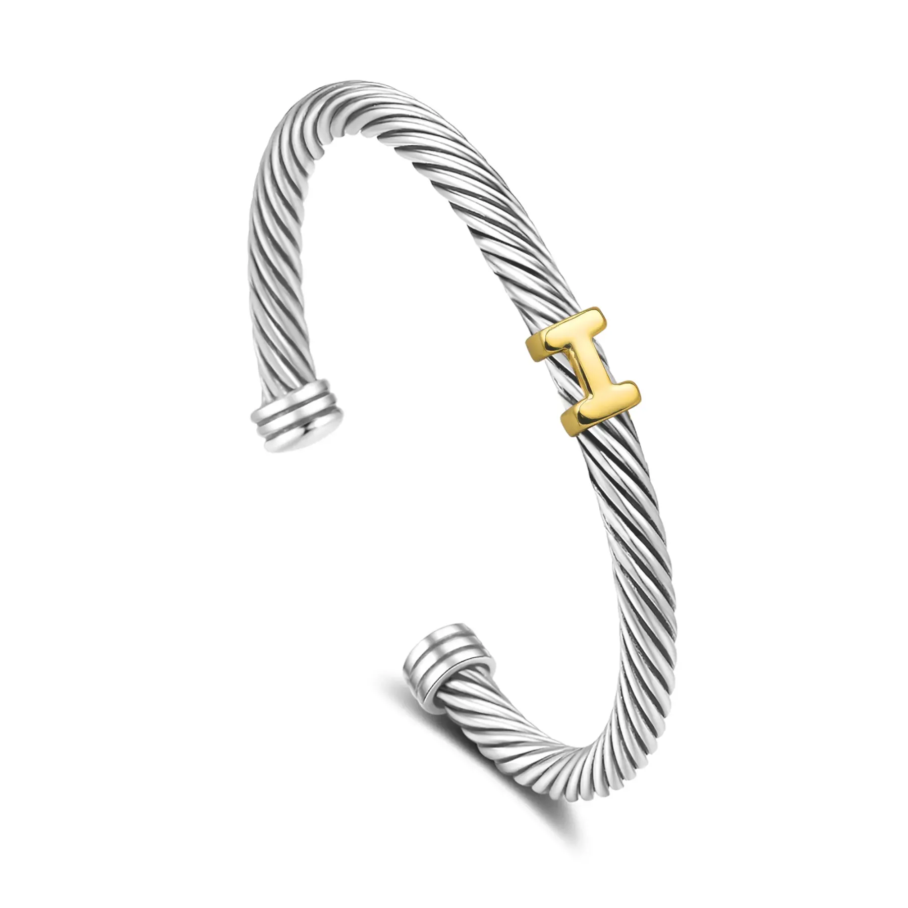 Initial Personalized Customization DIY A-Z Letter Cable Cuff Jewelry Personalized Christmas Gift for Women, Two-Tone Open Bangle Bracelet