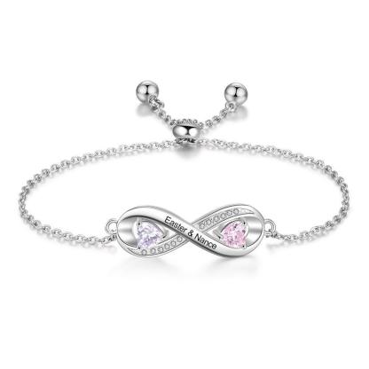 Adjustable Infinity Diamond Sterling Silver Bracelet - 2 Custom Names & Birthstones - Personalized Jewel