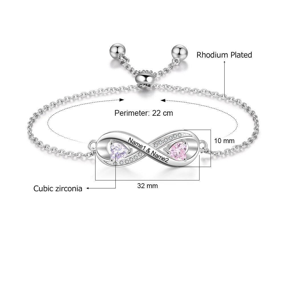 Adjustable Infinity Diamond Sterling Silver Bracelet - 2 Custom Names & Birthstones - Personalized Jewel