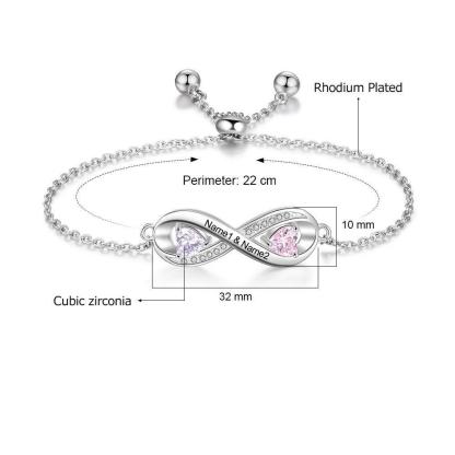 Adjustable Infinity Diamond Sterling Silver Bracelet - 2 Custom Names & Birthstones - Personalized Jewel