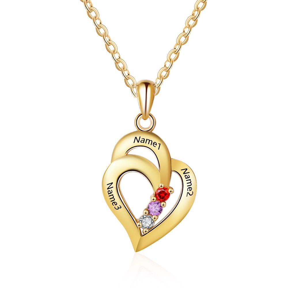 All My Heart Gold Plated Sterling Silver Necklace - 3 Birthstone & Custom Names - Personalized Jewel