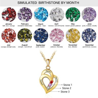 All My Heart Gold Plated Sterling Silver Necklace - 3 Birthstone & Custom Names - Personalized Jewel
