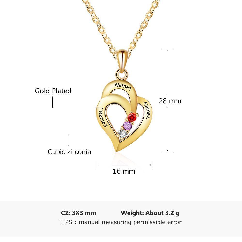 All My Heart Gold Plated Sterling Silver Necklace - 3 Birthstone & Custom Names - Personalized Jewel