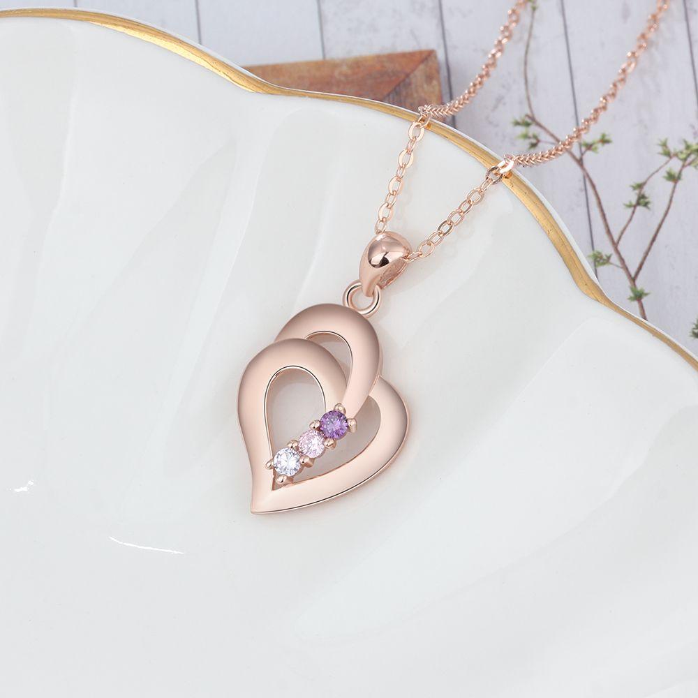 925 Sterling Silver Heart Shaped Pendant for Women, 3 Personalized Birthstones and 3 Name Engravings - Personalized Jewel