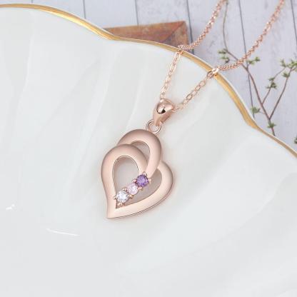 925 Sterling Silver Heart Shaped Pendant for Women, 3 Personalized Birthstones and 3 Name Engravings - Personalized Jewel