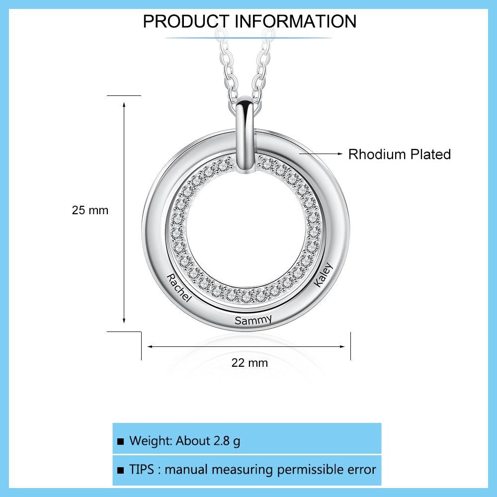 Beautiful Zirconia Inlaid Necklace for Women, Classic Round Pendant Style Necklace, 3-Name Engraving Pendant for Women - Personalized Jewel