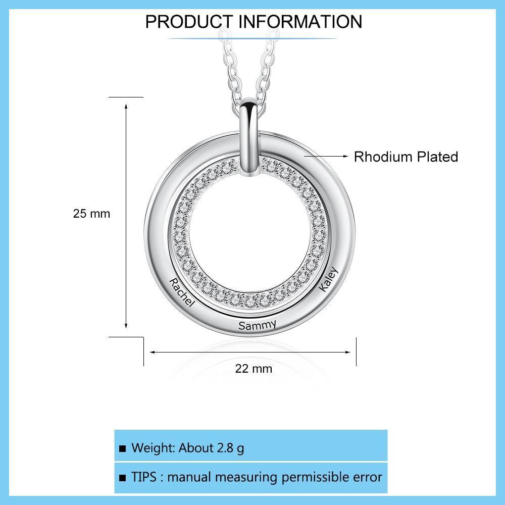 Beautiful Zirconia Inlaid Necklace for Women, Classic Round Pendant Style Necklace, 3-Name Engraving Pendant for Women - Personalized Jewel