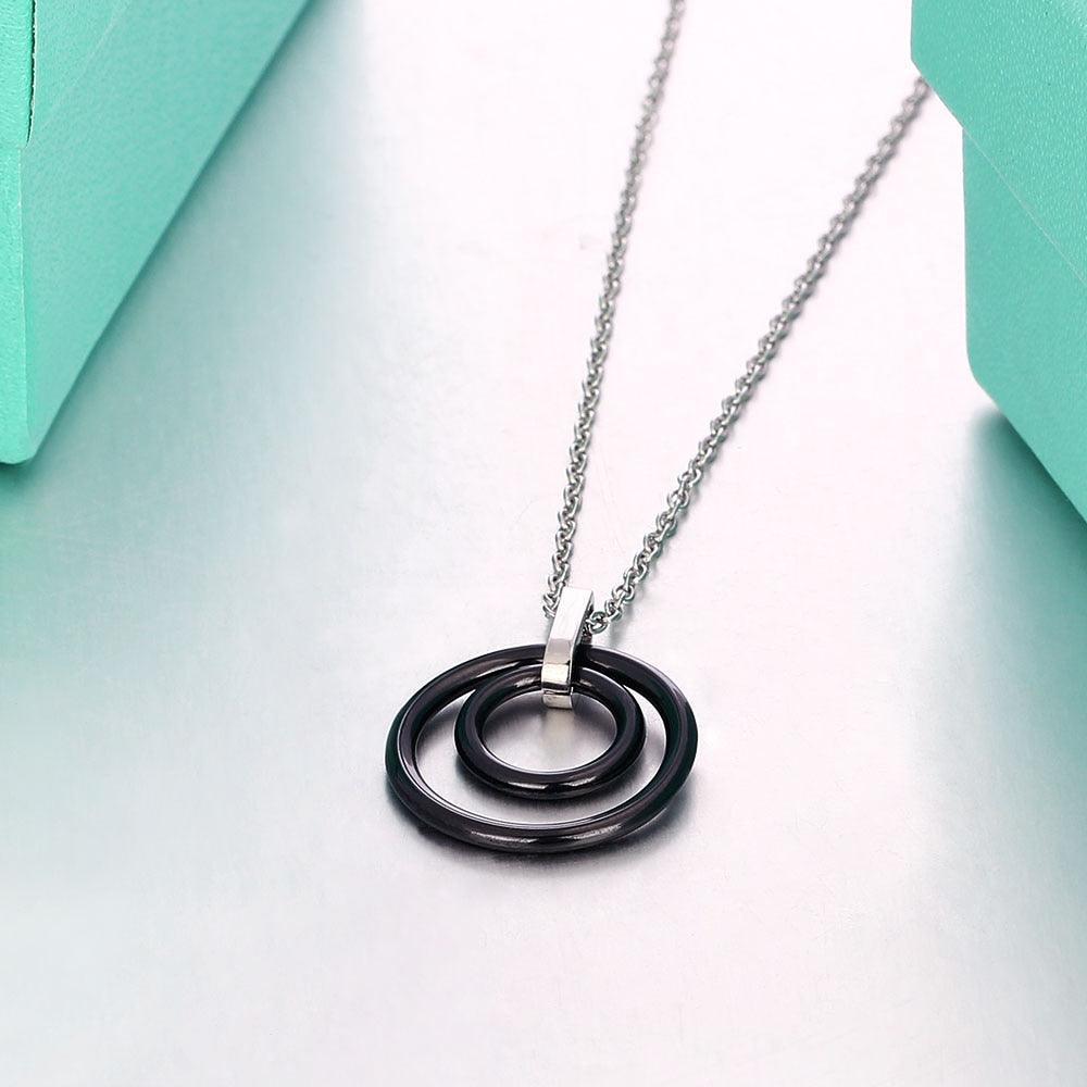 Black Stainless Steel Double Circle Ceramic Necklace - Stainless Steel Ceramic Necklace for Men & Women - Link Chain Necklace for Women - Double Circle Necklace - Personalized Jewel