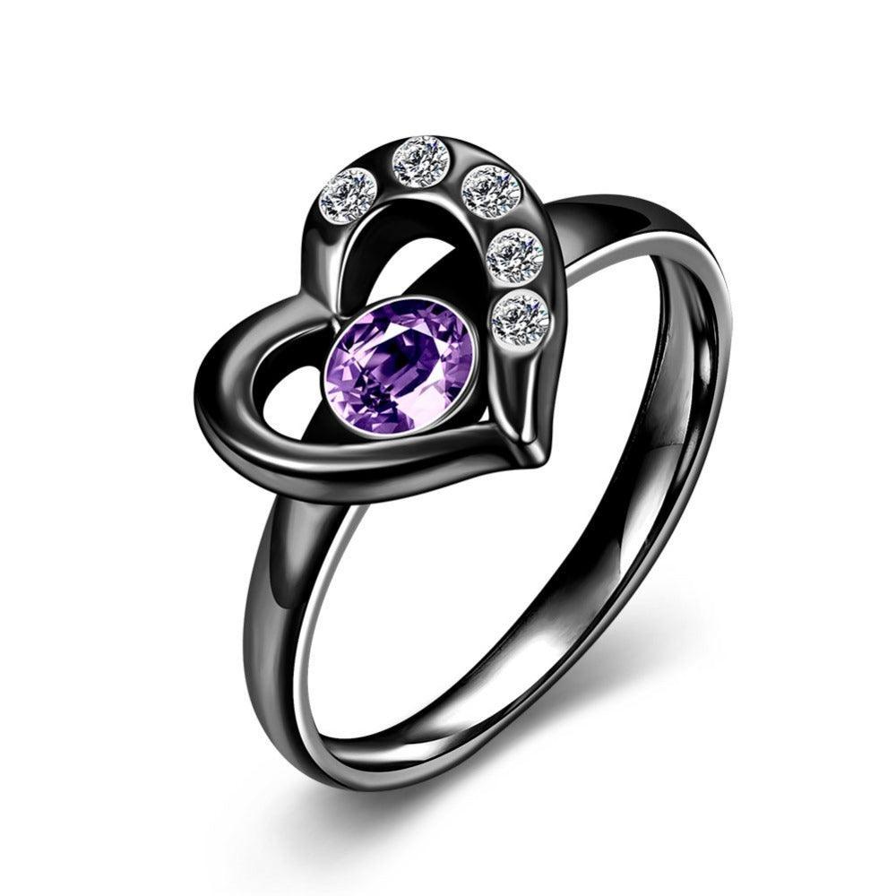 Black Titanium Steel Heart Rings for Women – Purple Cubic Zirconia – Trendy Party Jewelry Accessories - Personalized Jewel