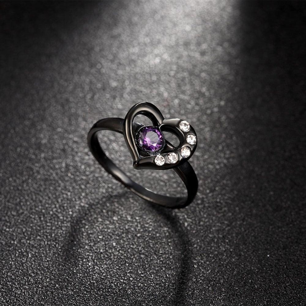 Black Titanium Steel Heart Rings for Women – Purple Cubic Zirconia – Trendy Party Jewelry Accessories - Personalized Jewel