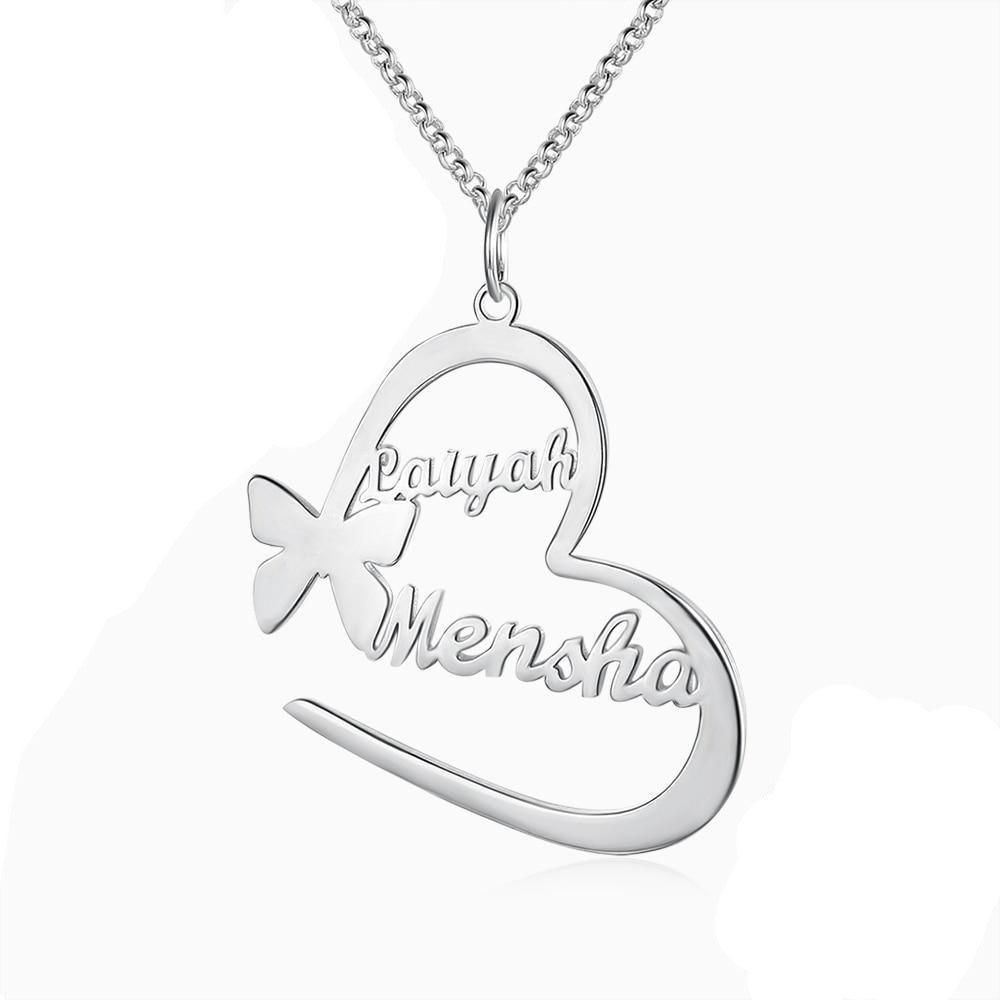 Butterfly Necklace for Women, Engraved Silver Pendant, 2-Name Engraving Silver Pendant for Women - Personalized Jewel