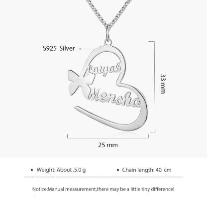 Butterfly Necklace for Women, Engraved Silver Pendant, 2-Name Engraving Silver Pendant for Women - Personalized Jewel