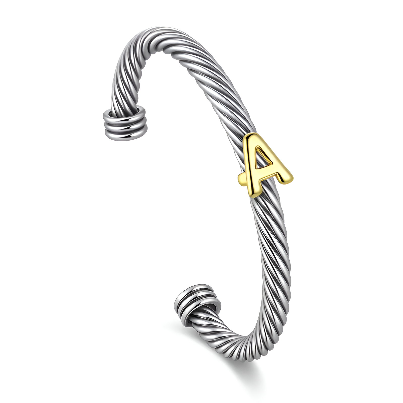Initial Personalized Customization DIY A-Z Letter Cable Cuff Jewelry Personalized Christmas Gift for Women, Two-Tone Open Bangle Bracelet