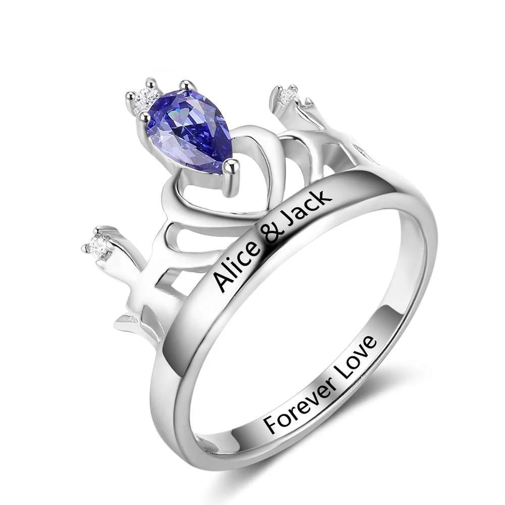 Classic Crown Sterling Silver Ring for Women- Custom Birthstone and Name Engraving Ring for Wife or Girlfriend - Personalized Jewel