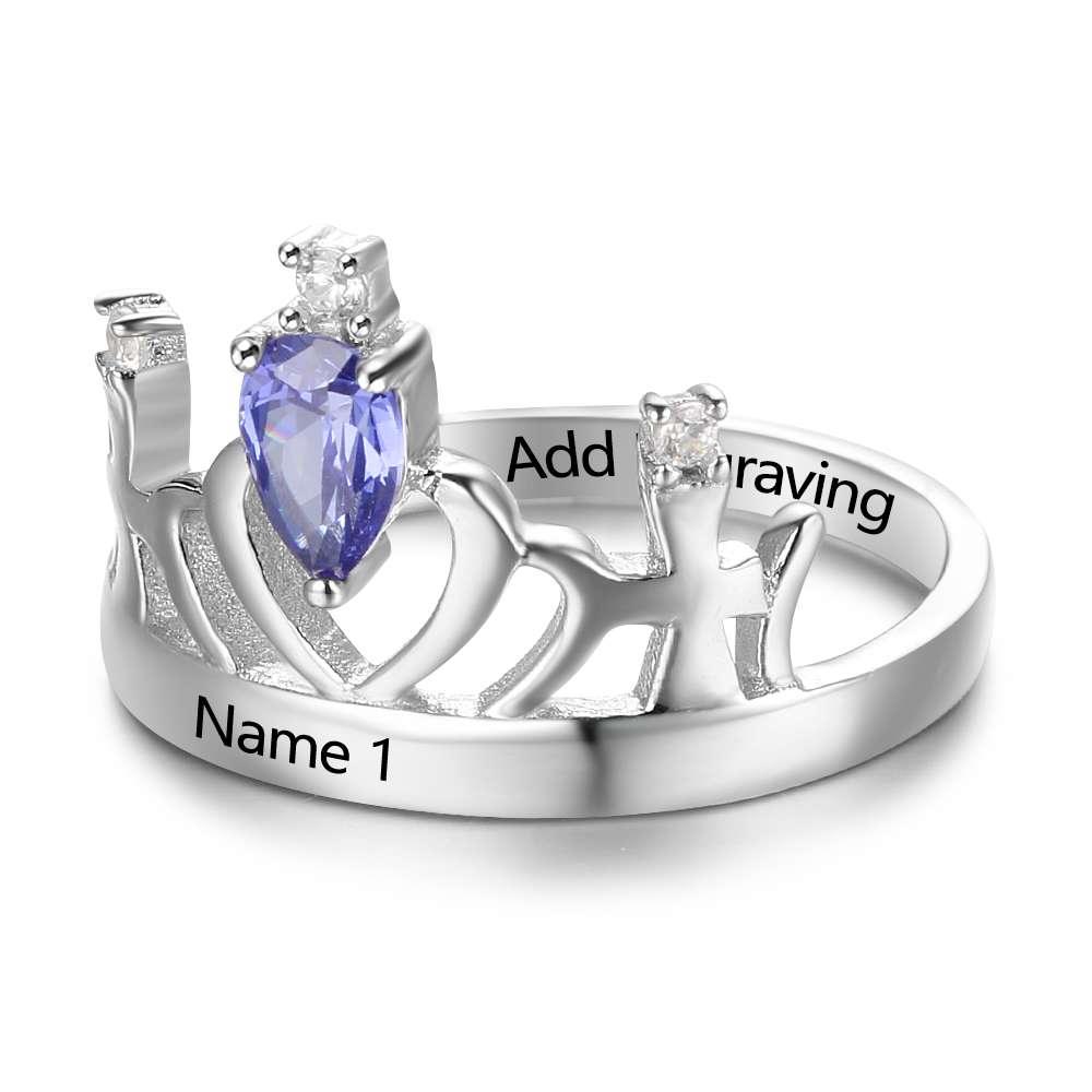 Classic Crown Sterling Silver Ring for Women- Custom Birthstone and Name Engraving Ring for Wife or Girlfriend - Personalized Jewel