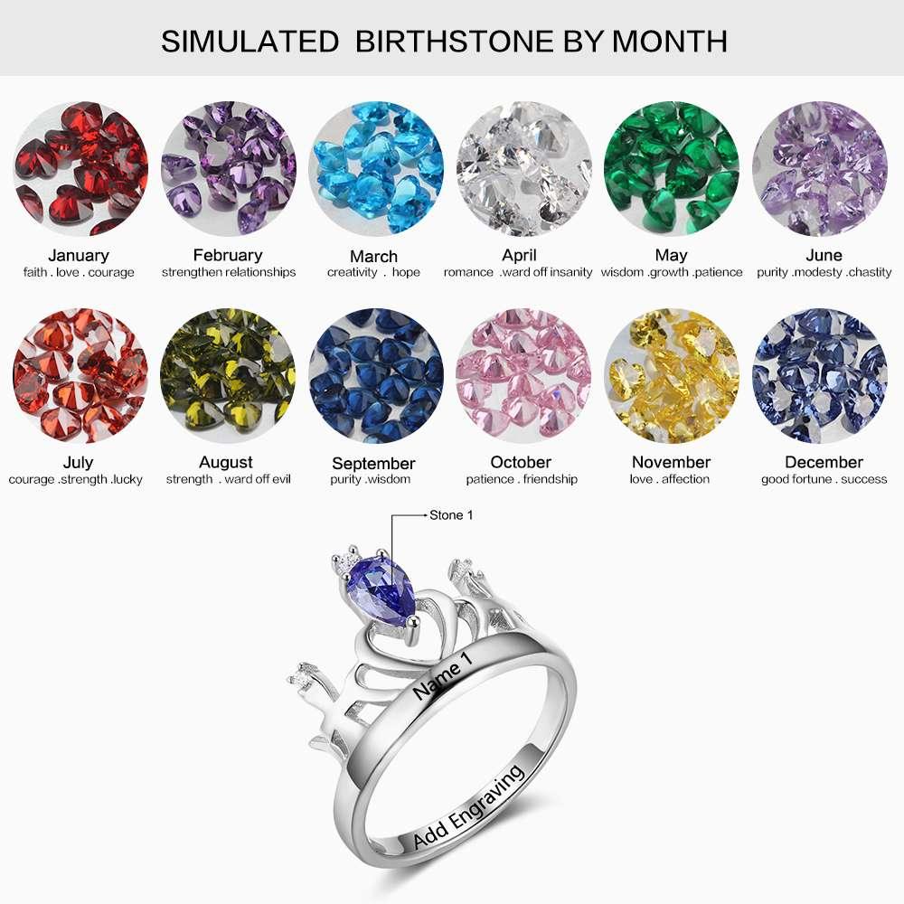 Classic Crown Sterling Silver Ring for Women- Custom Birthstone and Name Engraving Ring for Wife or Girlfriend - Personalized Jewel