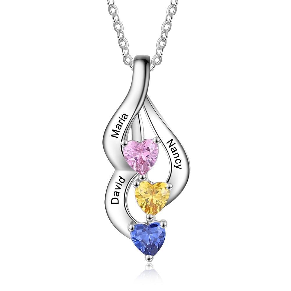 Personalized 3 Name Engravings On The Pendant With 3 Heart Shaped Birthstones-Personalized Jewels