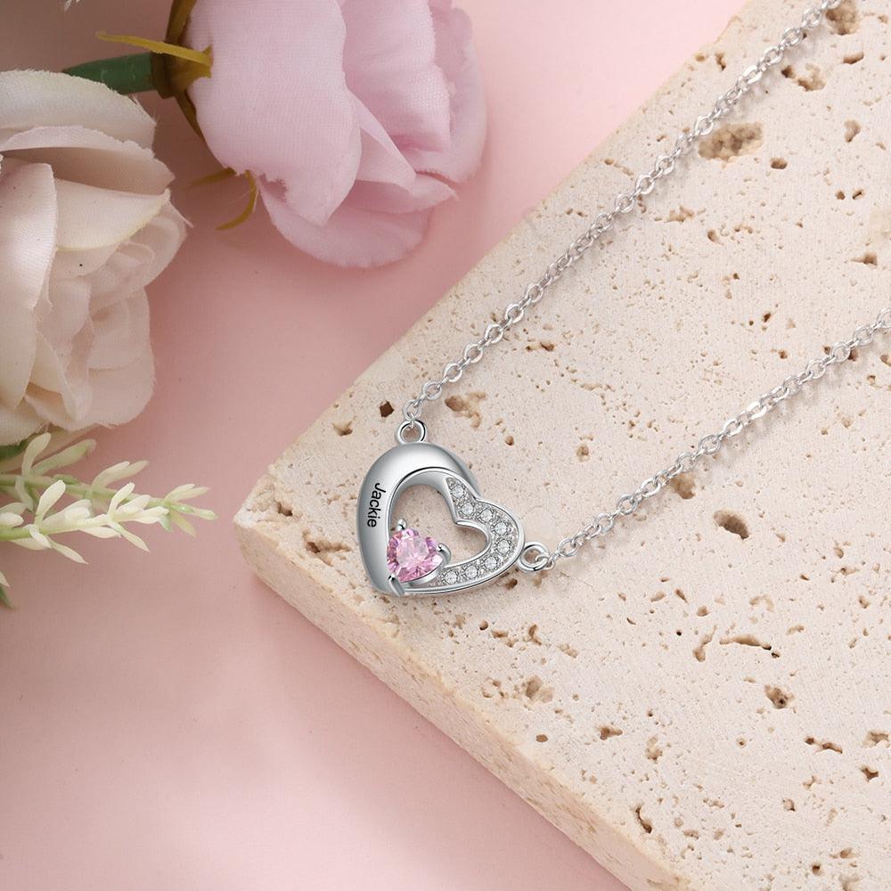 Classic Heart Pendant Necklace for Women, Personalized Birthstone and Name Engraving Pendant - Personalized Jewel