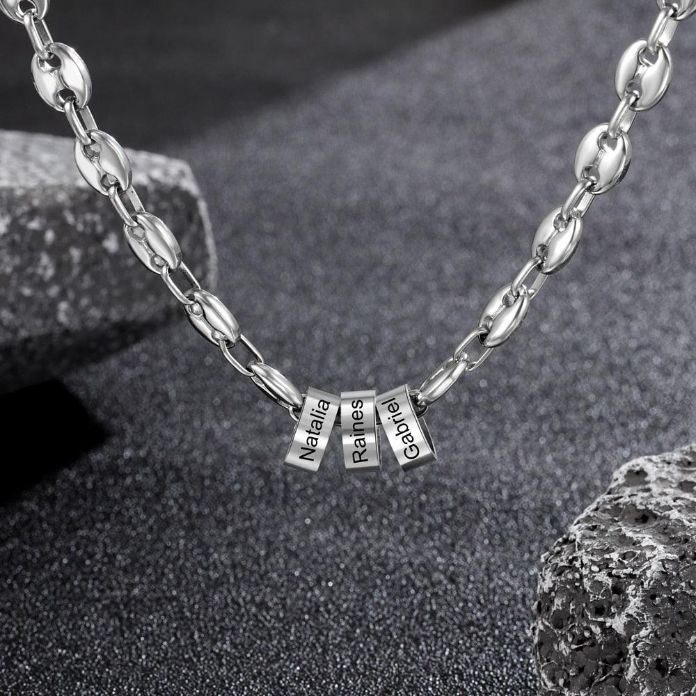 Classic Stainless Steel Bean Chain - Personalized 2 to 5 Beads with Custom Name Engraving Chain for Men - Personalized Jewel
