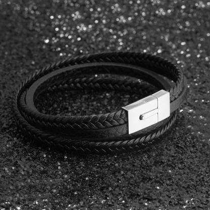 Classy Genuine Leather Braided Bracelets for Men with Stainless Steel Details, Wristband Gift for Him - Personalized Jewel