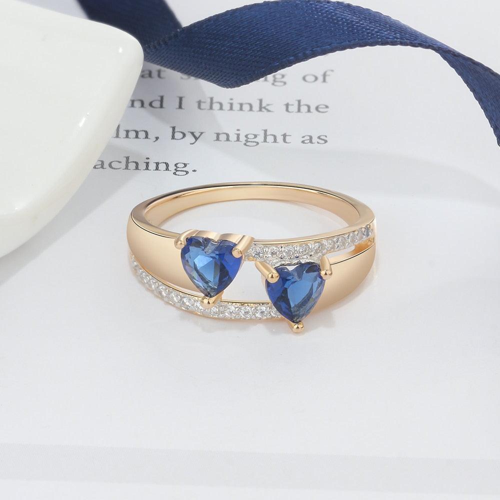 Copper Gold Blue Heart Cubic Zirconia Stone Rings, Trendy Fashion Jewelry Gift for Women - Personalized Jewel