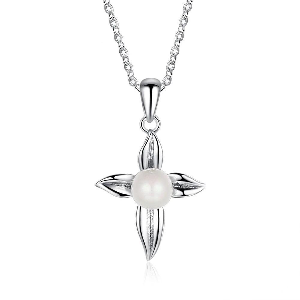 Cross Patterned Silver Pearl Pendant Necklace - Personalized Jewel