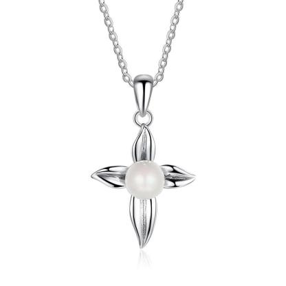 Cross Patterned Silver Pearl Pendant Necklace - Personalized Jewel