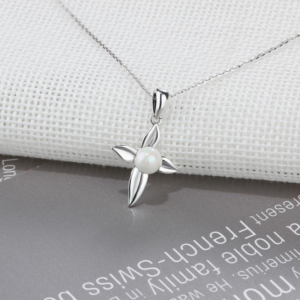 Cross Patterned Silver Pearl Pendant Necklace - Personalized Jewel