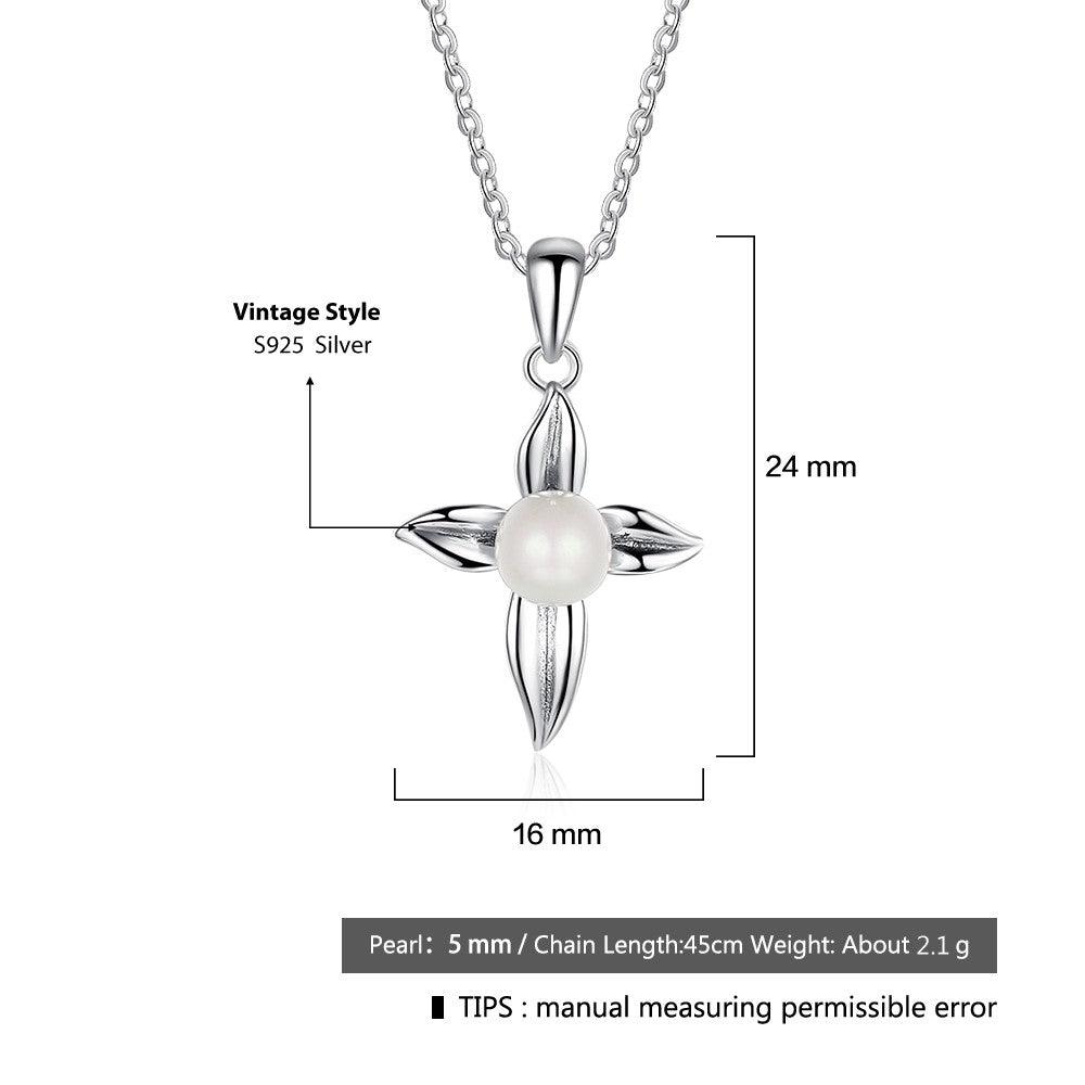 Cross Patterned Silver Pearl Pendant Necklace - Personalized Jewel